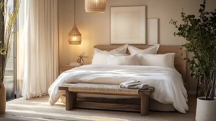 Beautiful Colored Mockup Bedroom Interior Blank Poster Decoration Art Background Image, generative AI