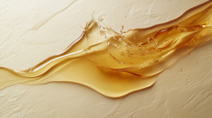  Flowing golden liquid splash on textured beige surface. Abstract close-up composition showcasing...