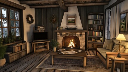 Fototapeta premium Cozy rustic living room with fireplace, bookshelves, and winter view.