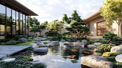 Naklejka premium Serene backyard koi pond with minimalist architecture, lush greenery, and stone pathways.