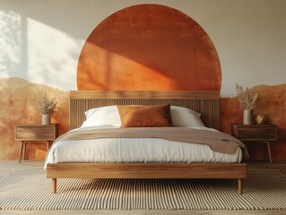 Bedroom interior, stylish double bed in front of painted mural