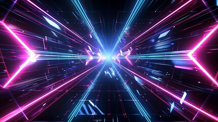 Fototapeta premium A futuristic abstract background with bright blue and pink lights forming geometric patterns against a black backdrop