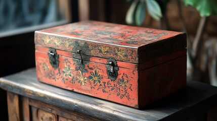 Antique red wooden box with floral patterns and metal clasps.
