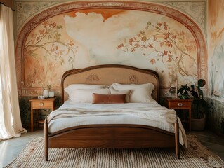 Bedroom interior, stylish double bed in front of painted mural