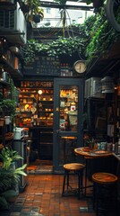 Fototapeta premium cozy cafe or shop packed with lush greenery, vintage decor, and warm lighting, offering an intimate and relaxing urban retreat