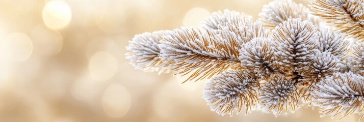 Golden Warmth and Frosted Tips A Frosty Pine Branch in the Glistening Pastel Winter Light