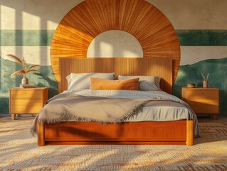 Bedroom interior, stylish double bed in front of painted mural