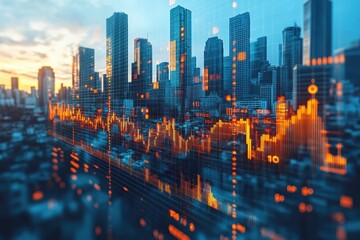 Dynamic city skyline at sunset with financial data visualization overlay illustrating market trends