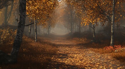 Obraz premium Misty autumn path through golden forest.