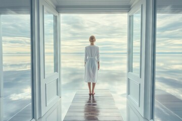 Fototapeta premium A woman stands on a dock looking out at the ocean. The scene is serene and peaceful, with the woman's dress and the water creating a sense of calm