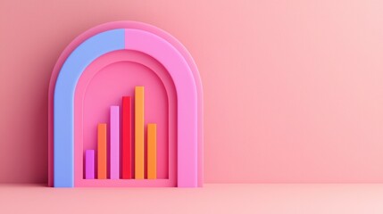 Obraz premium Data SEO And Engagement Concept. A colorful, 3D bar chart set against a soft pink background, showcasing data visualization in a modern design.