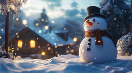 Obraz premium snowman in the snow, snowman, christmas, winter, snow, holiday, cold, xmas, hat, vector, snowflake, illustration, card, celebration, tree, cartoon, season, santa, december, carrot, decoration, fun