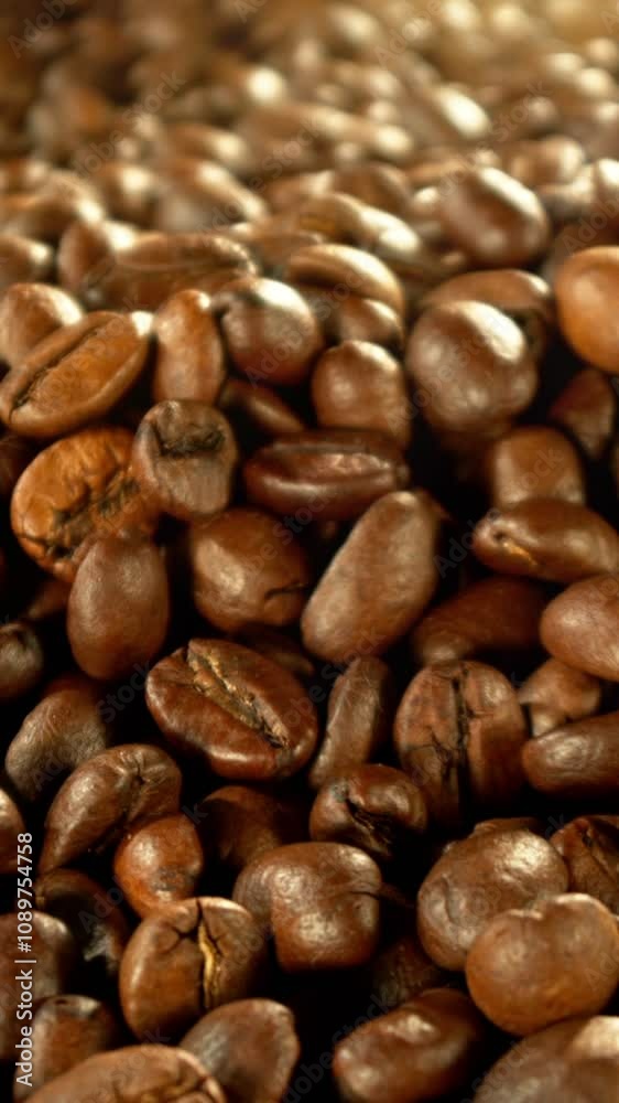 Poster super slow motion of coffee beans rotating in roasting grinder. concept of roasting coffee beans wit