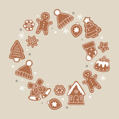 A circle of vector winter gingerbread cookies print round shape
