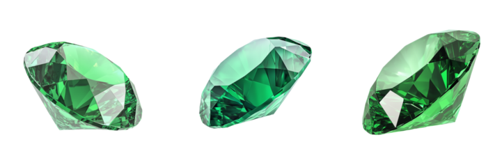 A perfectly cut emerald gemstone with vibrant green hues and a brilliant shine, isolated on a transparent background