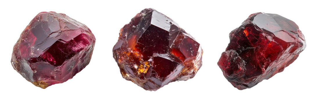 A raw garnet gemstone with rich red hues and a slightly rough texture, isolated on a transparent background