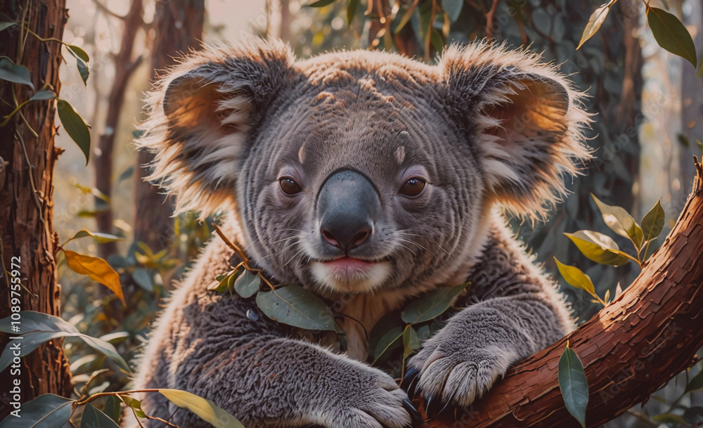 Poster A koala is sitting on a tree branch and looking at the camera. Scene is playful and curious
