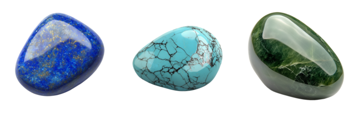 A collection of three polished semi-precious gemstones isolated on a transparent background