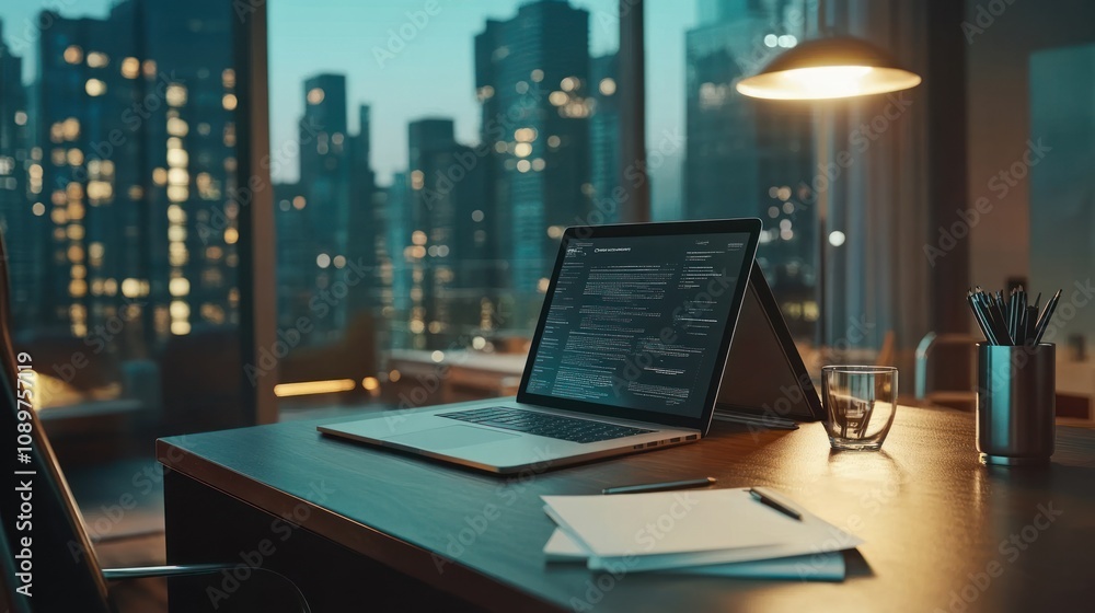 Poster laptop displaying code sits on desk overlooking city lights