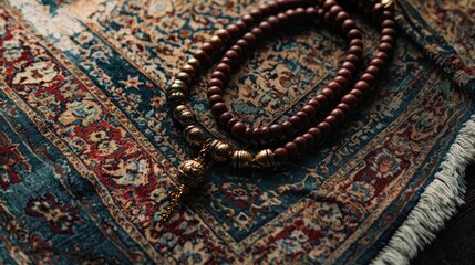 Traditional prayer beads on an ornate rug, symbolizing a moment of calm reflection.