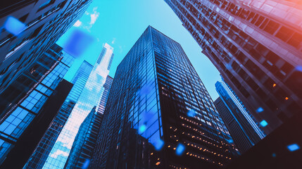 Obraz premium Smart digital Innovation Business skyscrapers in the Financial District with connection network reciprocity over the cityscape. of future smart wireless digital city and social media networking