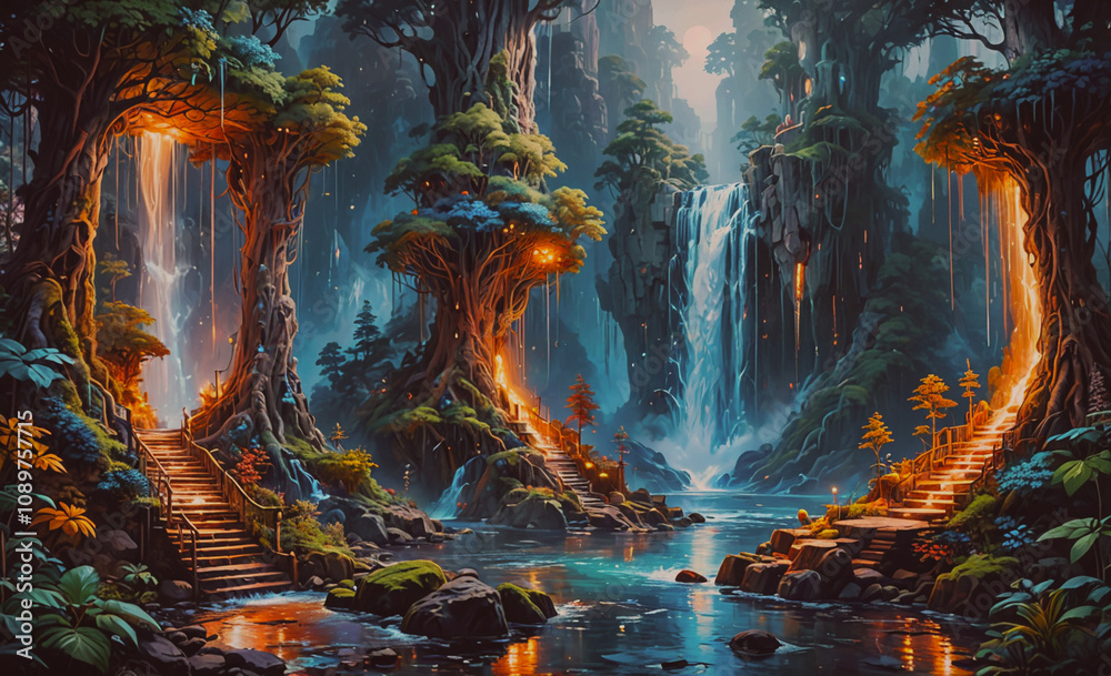 Poster A forest with a waterfall and a bridge. The bridge is made of trees and the waterfall is in the background