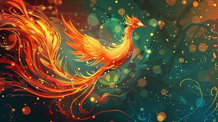 Obraz premium A vibrant, stylized phoenix soaring amidst colorful swirls and glowing particles, symbolizing rebirth and transformation.