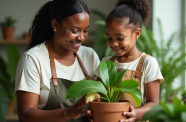 Portrait of a beautiful African woman with her daughter wiping the leaves of green plants, small cozy garden in the apartment