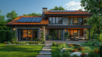 Obraz premium A modern home featuring solar panels, a lush garden, and contemporary design, blending nature with sustainable living.