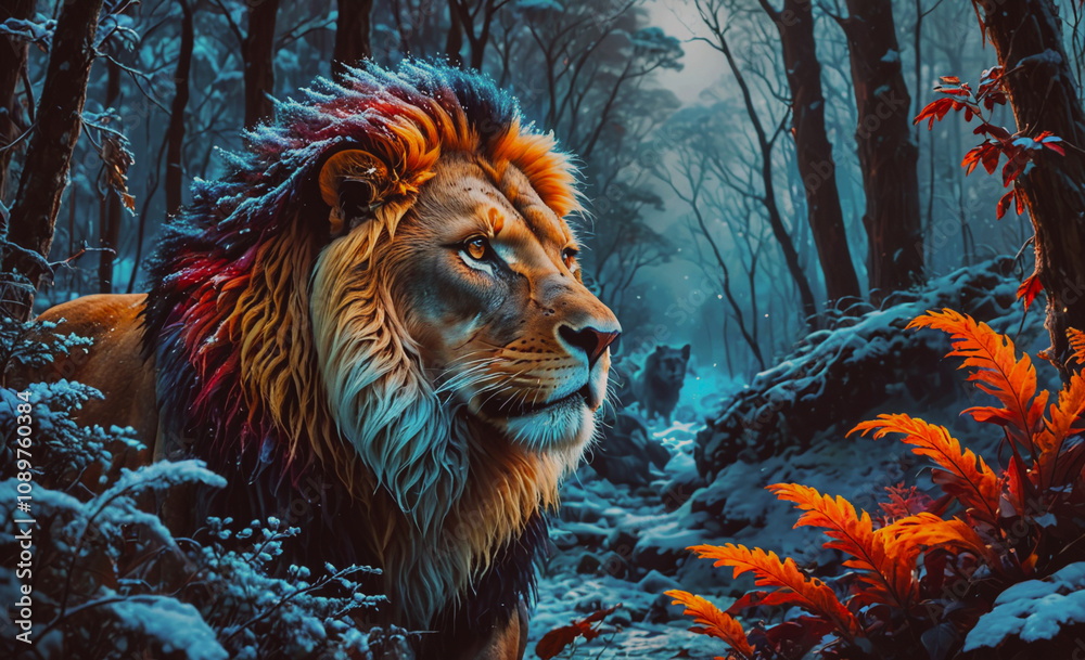 Poster a colorful lion stands in a forest with a wolf in the background. the lion is the main focus of the 