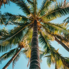 Fototapeta premium Isolated Coconut Palm Tree with Lush Green Leaves Against a Bright White Background in Tropical Nature Vibe