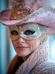 Elegant mature woman in a Venetian carnival mask with pink feathered hat and ornate details.  .