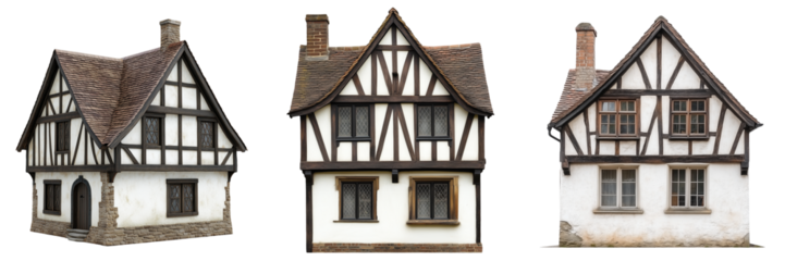A medieval timber-framed house featuring white plaster walls and prominently exposed dark wood beams, showcasing traditional craftsmanship, isolated on a transparent background