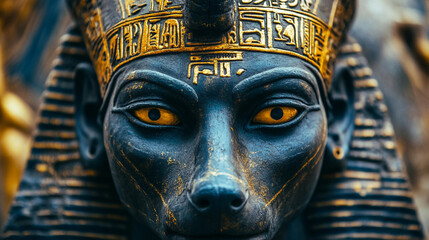 Close-up of the face of Anubis, the Egyptian god of death, with intricate golden hieroglyphs on his headdress.