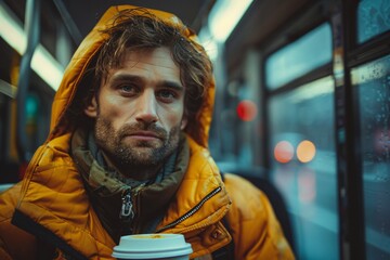 A young man, dressed in a bright yellow puffer jacket, sits inside a bus holding a coffee cup. Rain droplets can be seen against the windows, creating a cozy but somber atmosphere