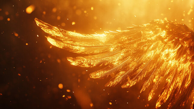 Close-up of Icarus&acirc; wings melting mid-flight, with fiery sunlight burning the feathers.