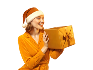 Portrait of young beautiful woman with red Santa Claus hat holding gift isolated on transparent background, festive people, Christmas 