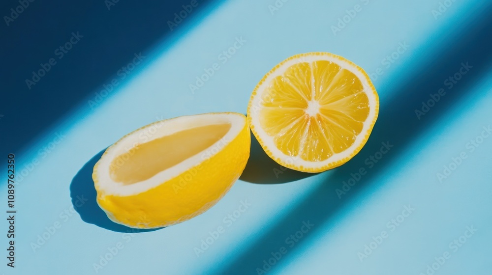 Poster halved lemon showing pulp and segments on blue background