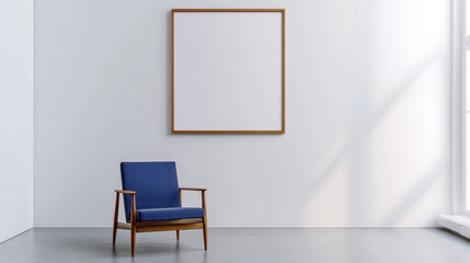 Fototapeta premium Single picture mockup poster hanging in the middle of white wall. Portrait large 50x70, 20x28, a3,a4. Empty wooden frame mockup. Clean, modern, minimal design. Indoor interior decor, show text, or pro