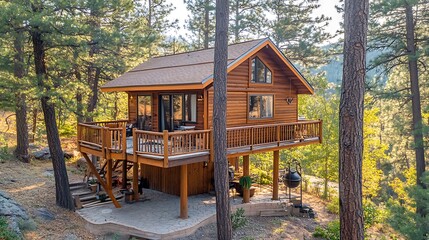 Secluded wooden cabin nestled in a forest, elevated on stilts with a spacious deck.