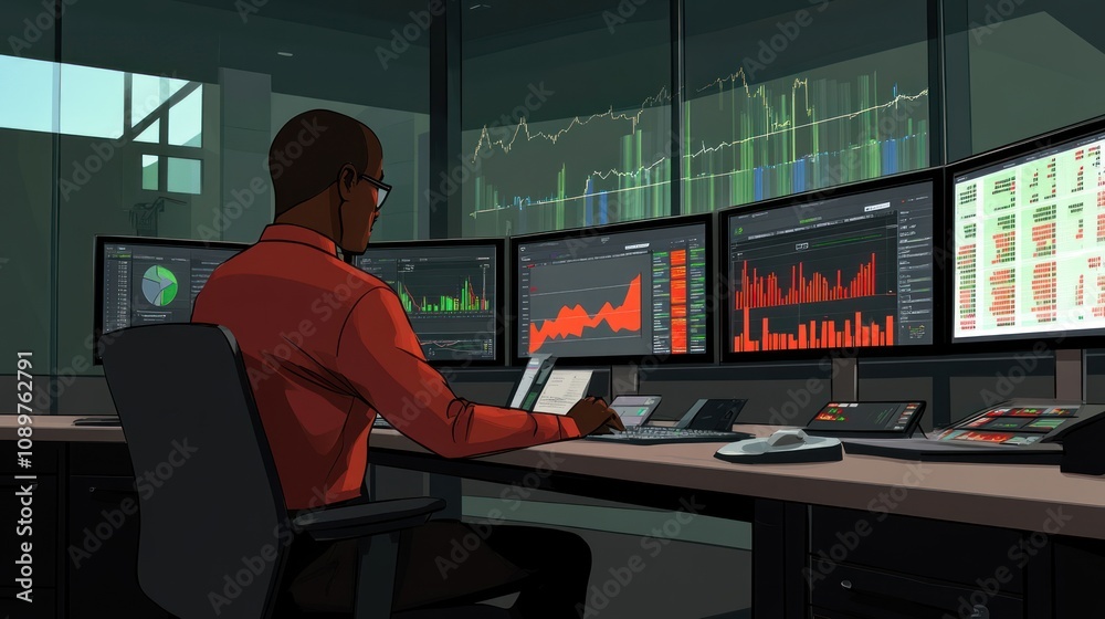 Poster Man Analyzing Financial Data on Multiple Monitors