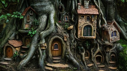 Miniature fairy houses nestled within the roots of a giant tree.