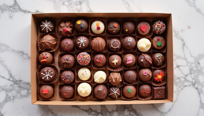 Assorted chocolate truffles in decorative box on marble surface