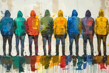 Naklejka premium Abstract art of seven hooded figures in colorful jackets, representing individuality and unity through vibrant color splashes