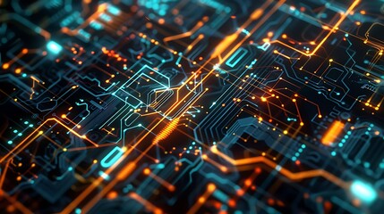 Obraz premium A futuristic abstract background with a mix of glowing circuits and digital patterns, giving a high-tech feel
