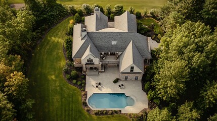 Luxurious estate home with pool and expansive lawn, viewed from above.