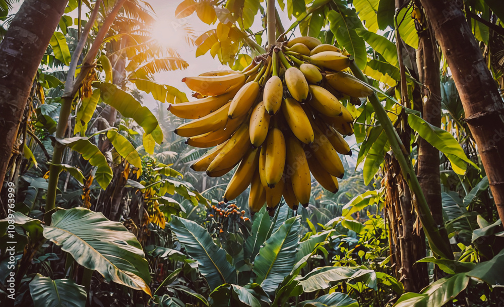 Poster a bunch of bananas hanging from a tree in a jungle. the bananas are ripe and yellow. concept of abun
