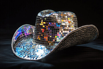 Mirror-tiled cowboy hat on black velvet, gay cowboy style.