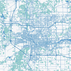 Map of South Bend in Indiana in a professional blue style. Contains layered vector with roads water, parks, etc.