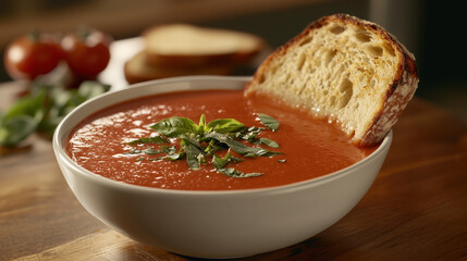 Bowl of creamy tomato soup with a garnish of fresh basil, accompanied by a slice of buttered sourdough bread 